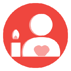 Piirretty ihminen punainen sydän rinnassaan ja vieressä palava kynttilä punaisella taustalla.
