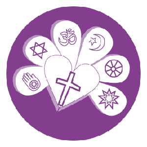 Piirrettyjä sydämiä joissa eri uskontokuntien logoja lilalla taustalla.