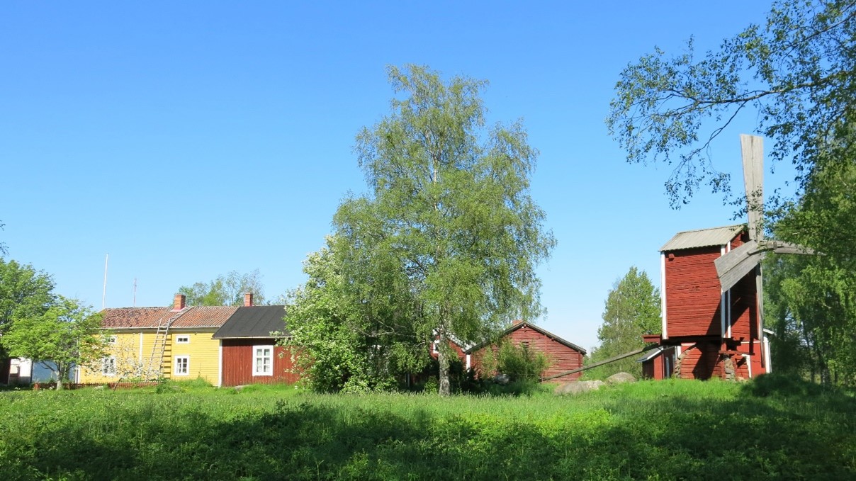 Kirkonmäen rakennuksia kesämaisemassa.