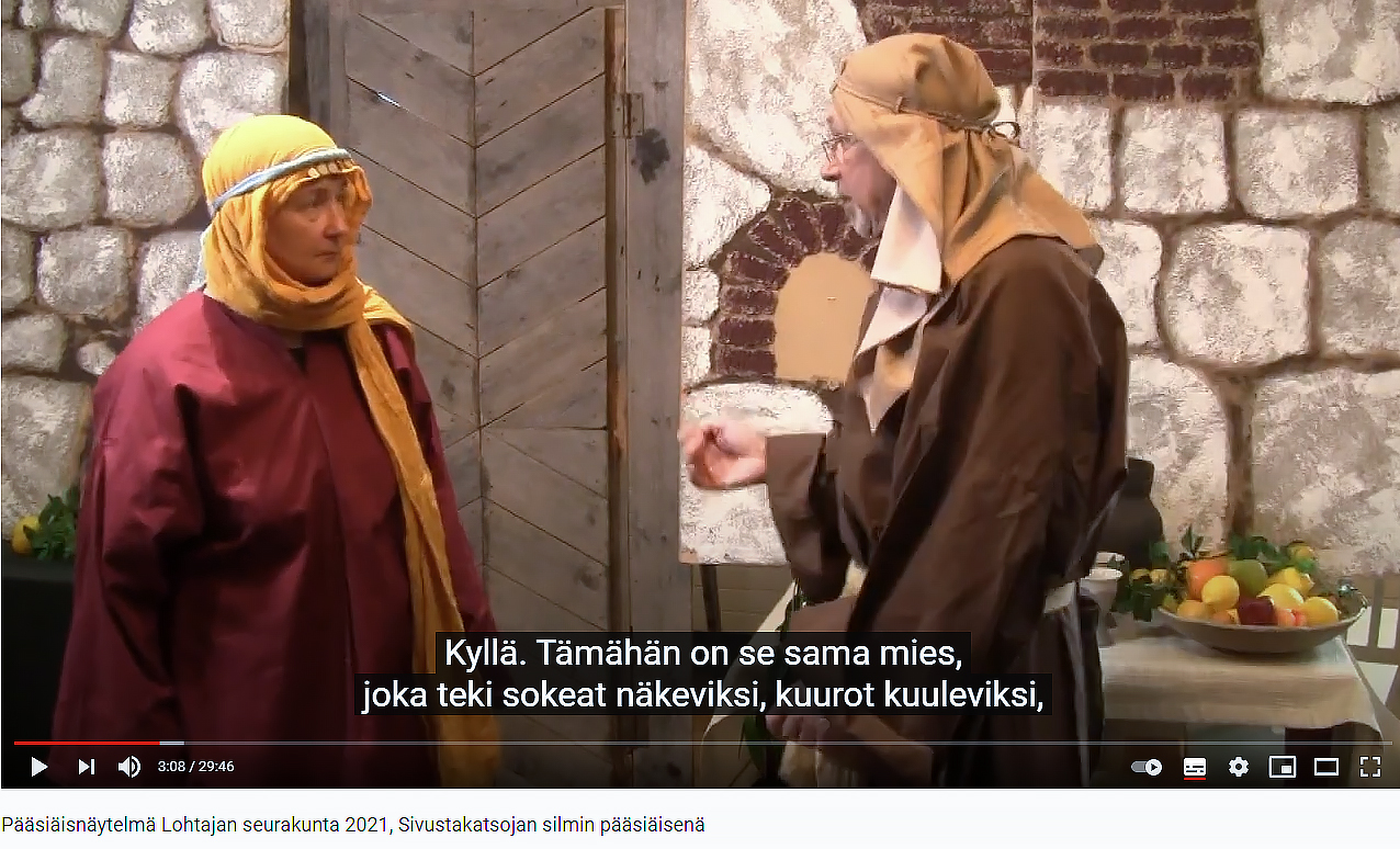 Kuvakaappaus Lohtajan seurakunnan pääsiäisnäytelmän videoinnista.