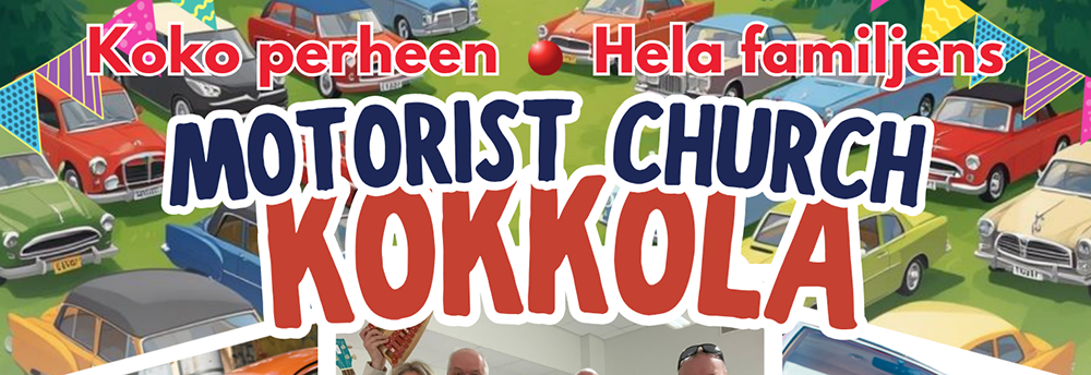 Koko perheen motorist church. Piirretty kuva vanhoista autoista taustalla.
