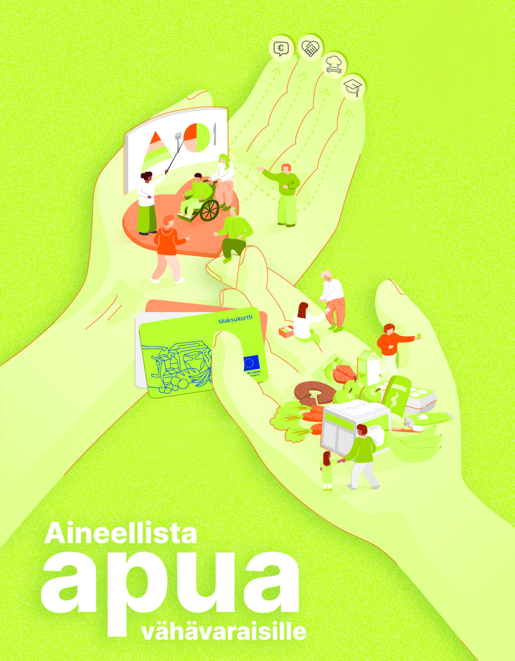 Piirroskuva, jossa kaksi kättä pitelee kämmenellään ihmisiä ruokien äärellä.