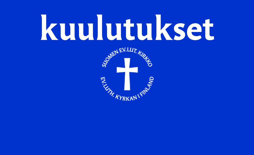 Sininen tausta. Sana kuulutukset sekä evl:n valkoinen logo.