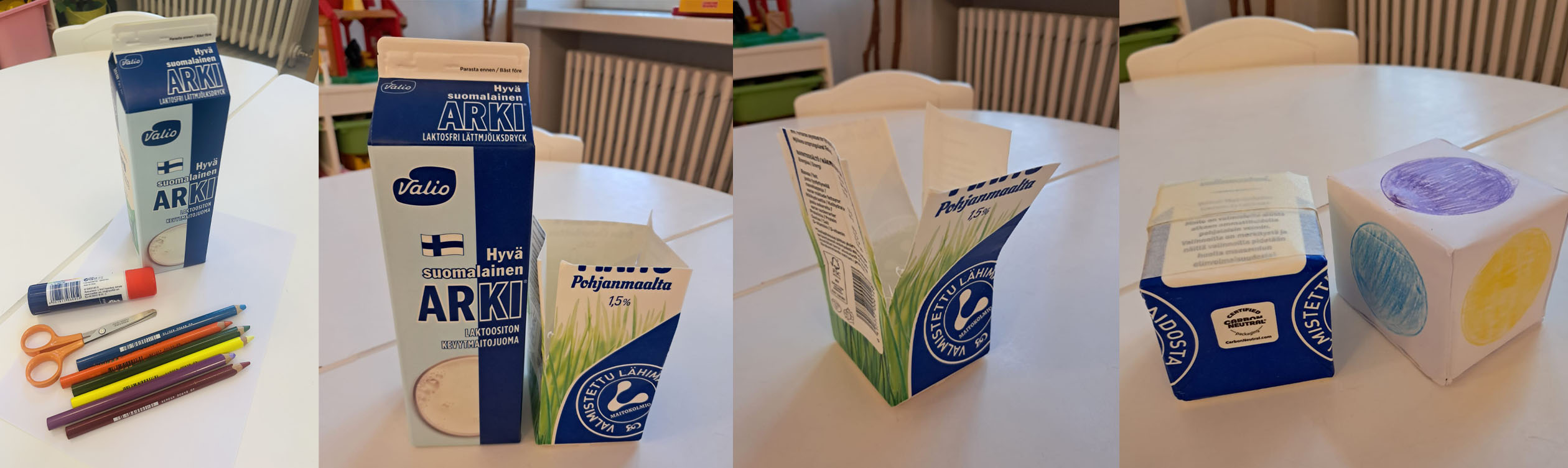 Kuvakoosteessa noppa_askartelun eri vaiheet maitopurkista nopaksi.